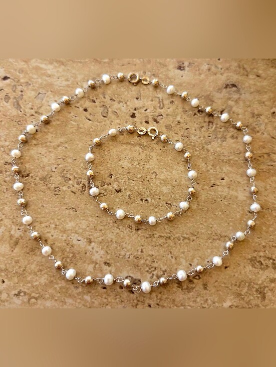 Jewelry - ✨️VTG FAS 925✨️ Gold Vermeil Freshwater Pearl Rosary Chain Necklace Bracelet Set